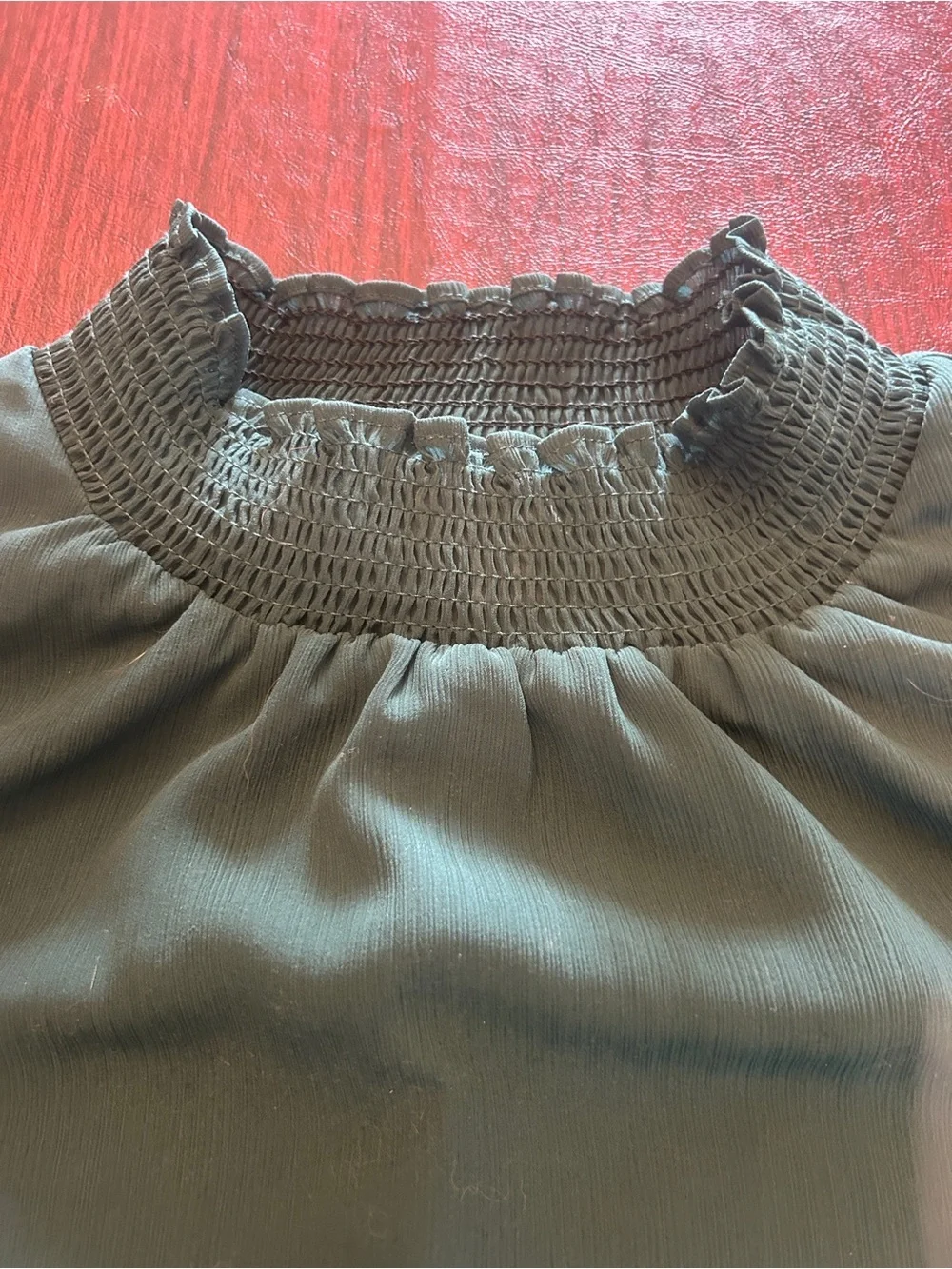 J. Crew Dark Green Smocked Neck Long Sleeve Top